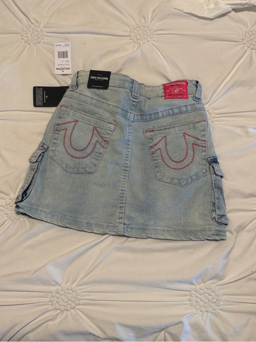 NWT- True Religion Light Blue Denim Mini Skirt with Pink Stitching- girls